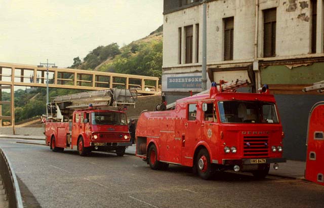 Fire engines facing south in Leith Street  -  'The Bridge to Nowhere' is in the background