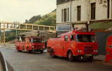 Fire engines facing south in Leith Street.  @The Bridge to Nowhere' is in the background.