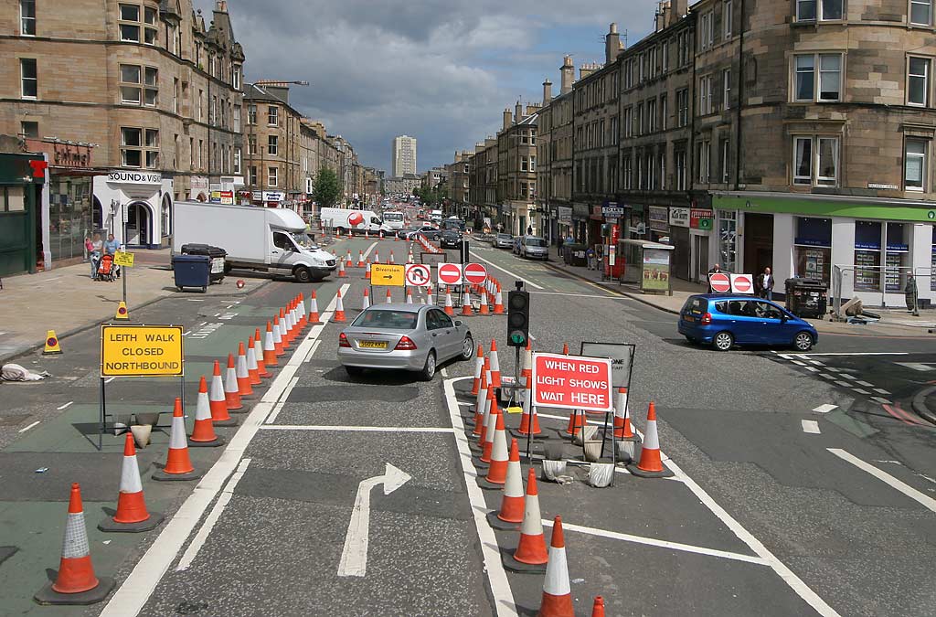 Traffic cones and road signs at Leith Walk, Pilrig.  Road works are to enable work to be carried out for the introduction of new trams for Edinburgh