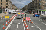 Traffic cones and road signs at Leith Walk, Pilrig.  Road works are to enable work to be carried out for the introduction of new trams for Edinburgh