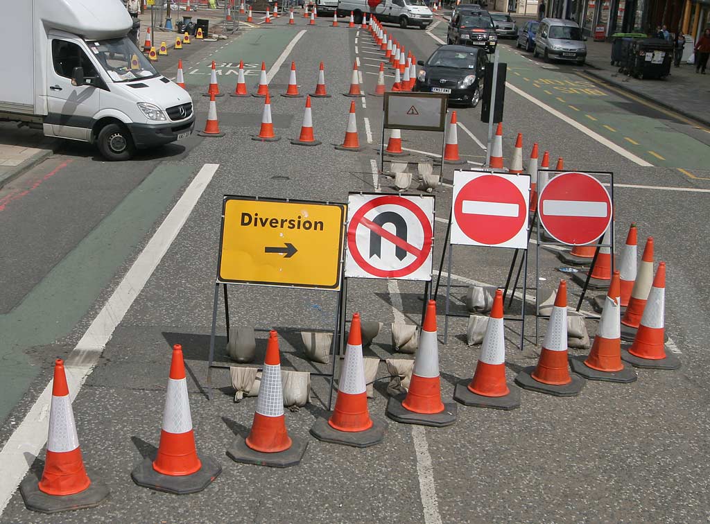 Traffic cones and road signs at Leith Walk, Pilrig.  Road works are to enable work to be carried out for the introduction of new trams for Edinburgh