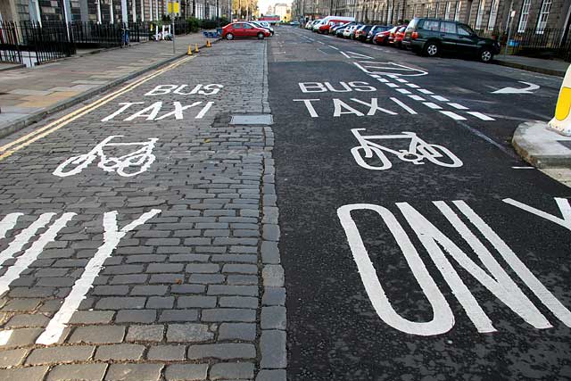 Road markings introduced into Edinburgh New Town in 2005 as part of the Central Edinburgh Traffic Management Scheme  -  Looking east along London Street from the junction with Drummond Place