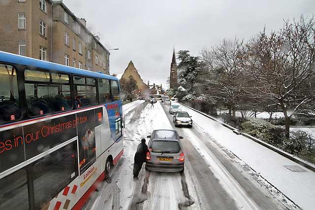 View from the top deck of a No 19 bus  -  Orchard Brae, following a snow storm  -  December 2009