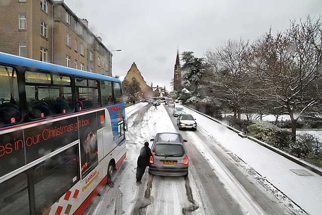 View from the top deck of a No 19 bus - Orchard Brae, following a snow storm - December 2009