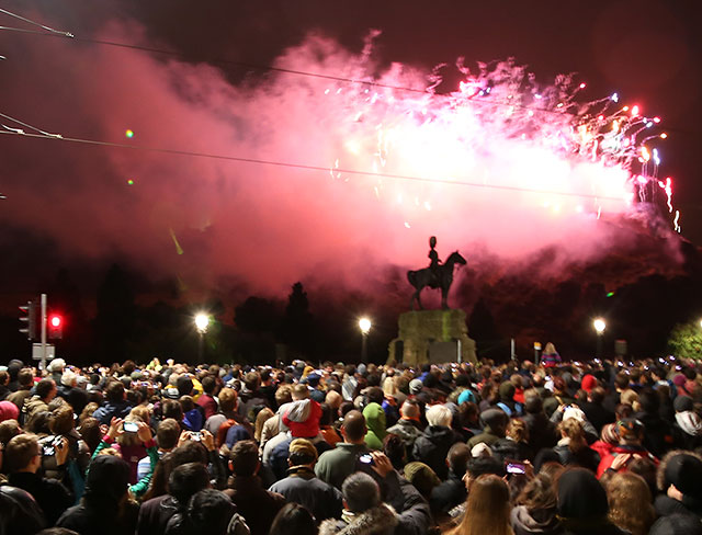 Edinburgh Festival Fireworks Concert, to mark the end of Edinburgh Festival, 2013.  Photo taken from Princes Street, near the junction with Frederick Street.