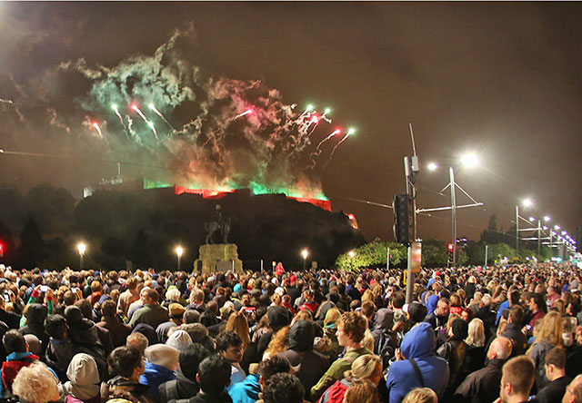 Edinburgh Festival Fireworks Concert, to mark the end of Edinburgh Festival, 2013.  Photo taken from Princes Street, near the junction with Frederick Street.