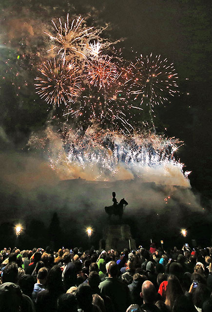 Edinburgh Festival Fireworks Concert, to mark the end of Edinburgh Festival, 2013.  Photo taken from Princes Street, near the junction with Frederick Street.