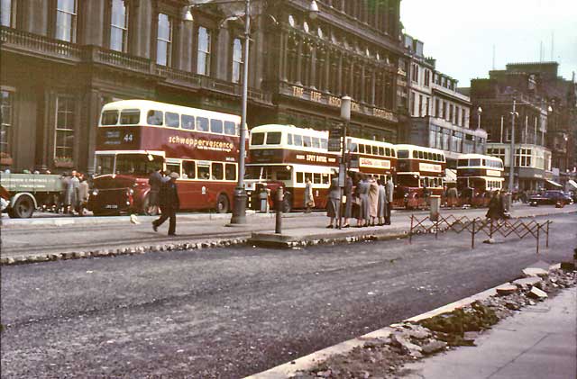 Buses heading west along Princes Street  -  June 1956