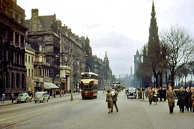 Looking to the east along Princes Street towards the Scott Monument and North British Hotel  -  1950s