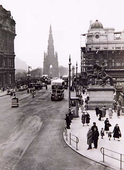 Looking to the west along Princes Street from the top of Leith Street  -  1950s