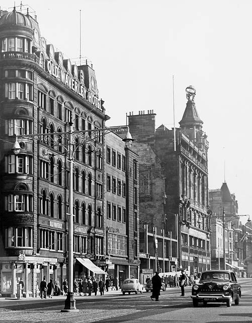 Princes Street Lamp Posts in late-1950s  -  Old Waverley Hotel and shops