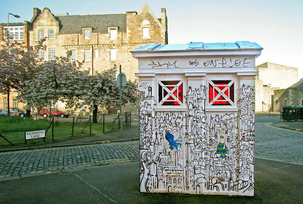 A decorated Police Box on the corner of Richmond Lane and Gilmour Street in Edinburgh Old Town  -  May 2008