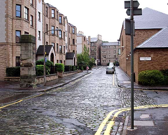 Looking to the east along St Leonard's Lane towards Salisbury Crags in Holyrood Park