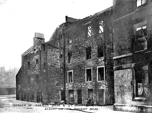 The corner of Sheriff Brae and St Andrew Street at Coalhill, Leith  -  Demolished 1915