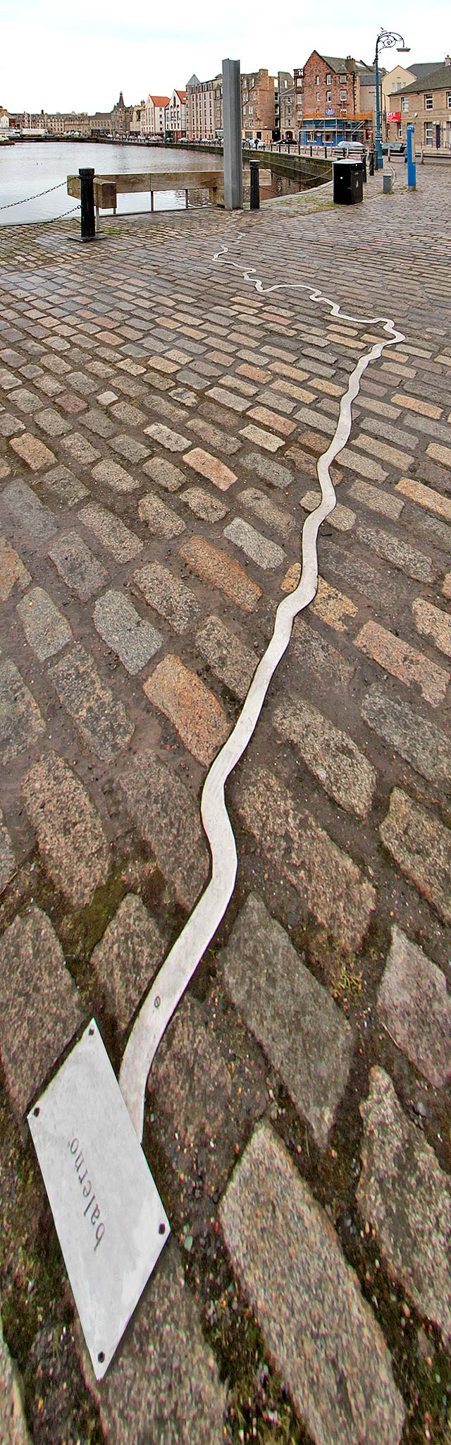 The Shore, Leith  -  Line across the cobbles showing the course of the Water of Leith from Balerno at the foot of the Pentland Hills to Leith