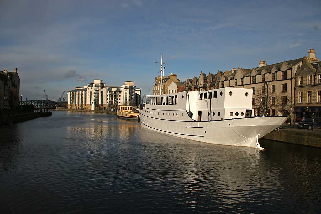 The cruise liner, Ocan Mist, moored on the Water of Leith at The Shore, Leith  -  November 2005