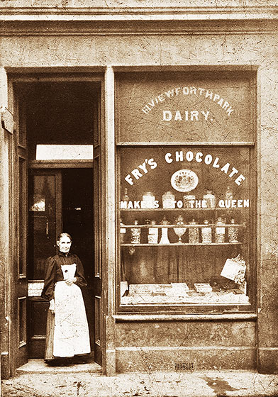 Margaret Porteous in the Doorway of the Dairy at 61 Dundee Street around early-1900s