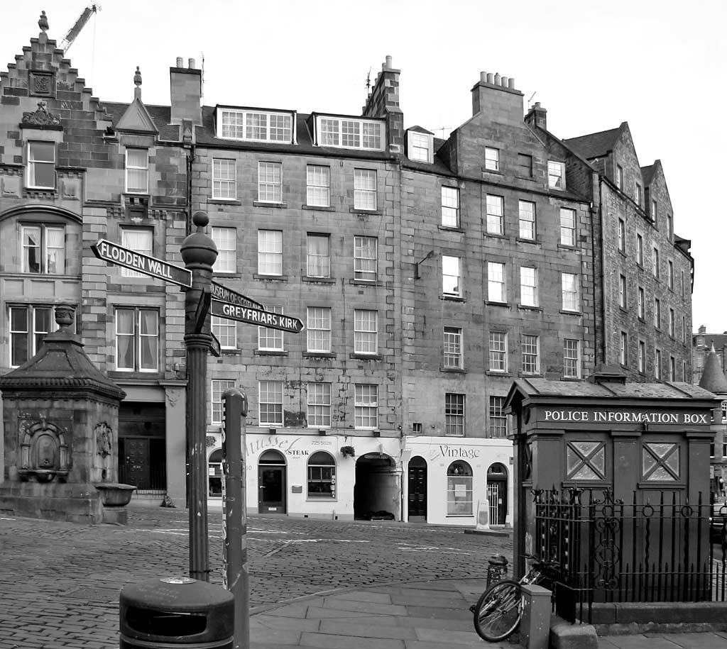 The foot of West Bow and West Bow Well  -  view from the Grassmarket