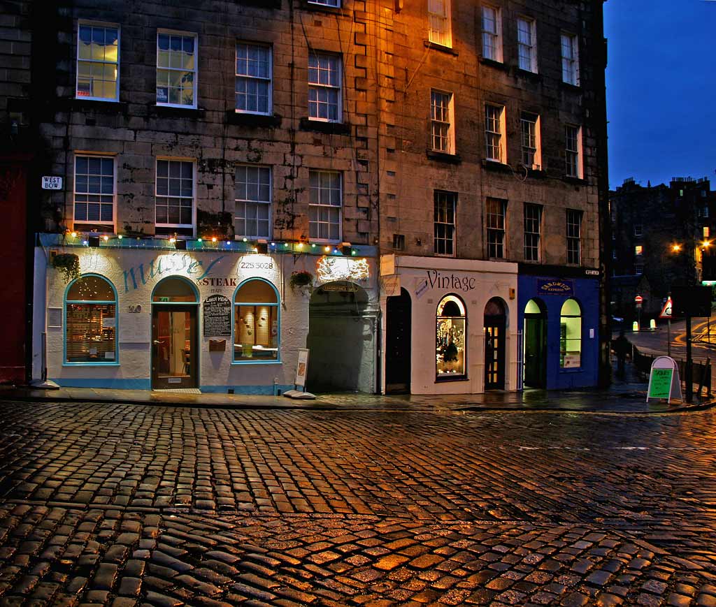 The foot of West Bow and West Bow Well  -  view from the Grassmarket