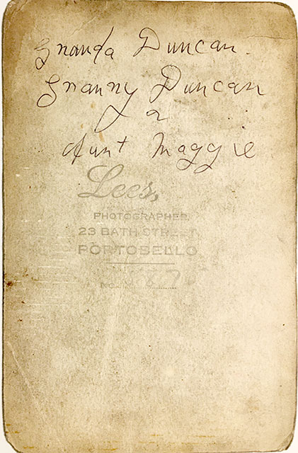 The back of a photograph from Lees' studio, Portobello - Members of the Duncan family