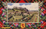 Postcard in the "Best of All" series by J B White of Dundee  -  Edinburgh Castle and the National Gallery of Scotland  -  framed in a Royal Stewart tartan border