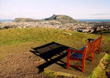 Bench on the top of Blackford Hill, and view towards Arthur Seat