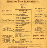 Menu from the Beehive Inn  Restaurant  -  1950
