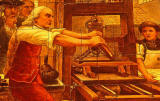 A picture of Benjamin Franklin using a printing press  -  on the wall of the Cafe Royal, Edinburgh