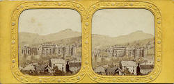 A stereo view by an unidentified photographer  - Holyrood Palace and Chapel  -  A view on translucent tissue with small holes to allow the light through