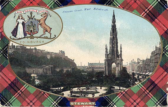 B & R Postcard  - Princes Street, looking west, with Stuart tartan
