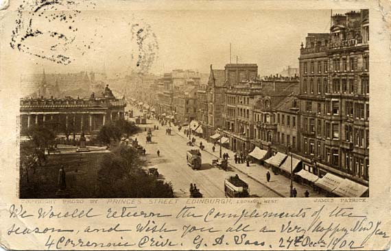 Postcard  -  James Patrick  -  Castle series  -  Princes Street, Edinburgh, looking west