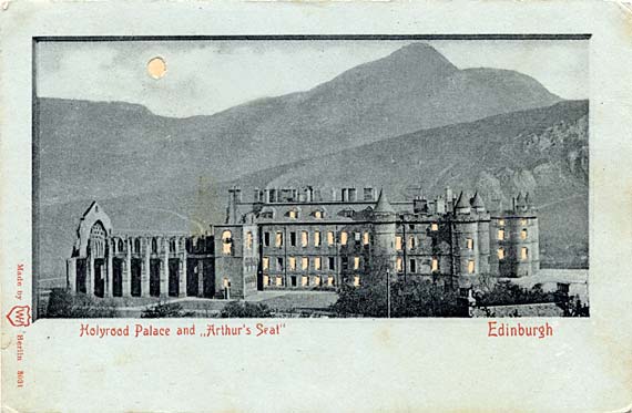 Postcard published by WH, Berlin, with many small cut-out windows and moon, to be held up to the light   -  Holyrood Palace and Arthur's Seat