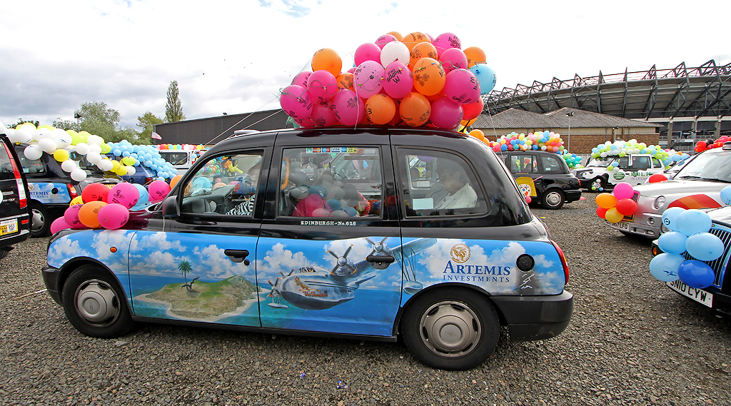 Edinburgh Taxi Trde Children's Outing, 2012  -  Decorated Taxis in the Car Park at Murrayfield