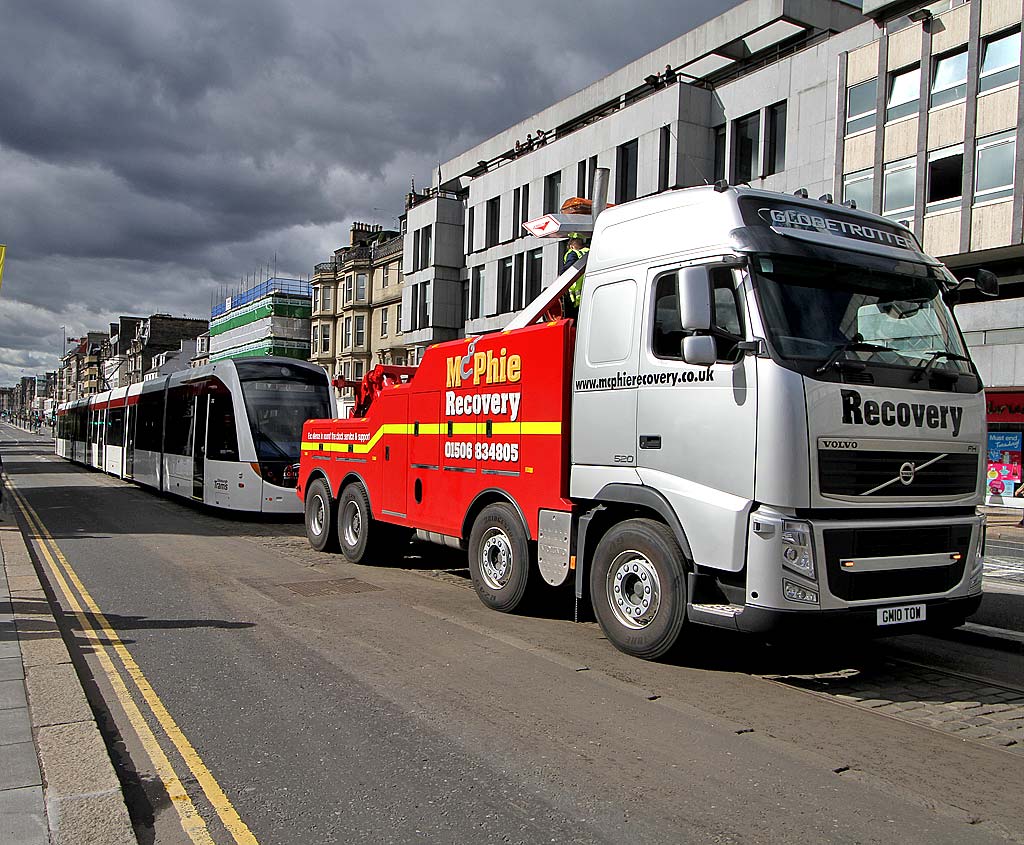 Princes Street, on the day of the visit by Pope Benedict XVI, September 16, 2010  -  The Tram is returned to its position near The Mound, after the Pope has passed by