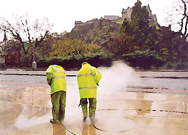 Phortograph by Peter Stubbs  -  Edinburgh  -  November 2002  -  Cleaning Princes Street Pavement