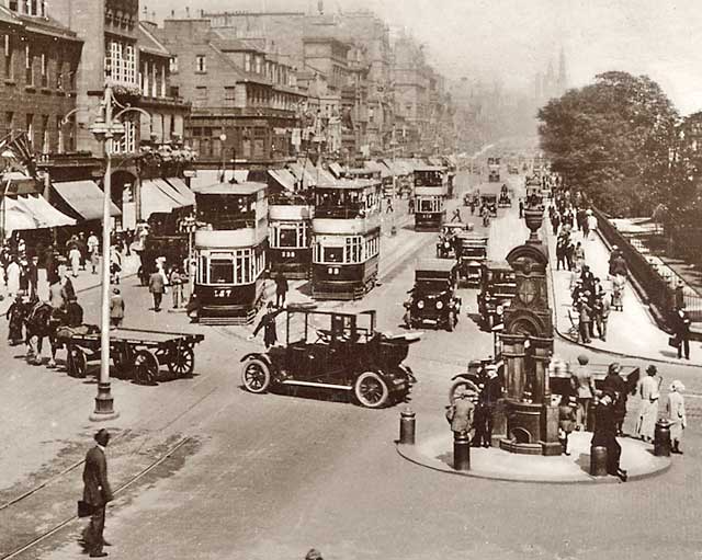 Looking East along Princes Street from the West End.  The Sinclair Fountain is in the foreground.
