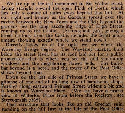 Text on the back of a stereo view of Princes Street at Waverley looking east towards Calto Hill - by Underwood & Underwood