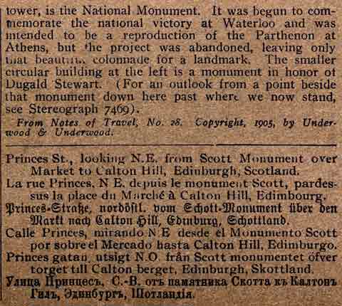 Text on the back of a stereo view of Princes Street at Waverley, looking east towards Calton Hill - by Underwood & Underwood