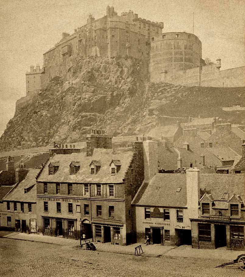 Enlargement of GW Wilson stereo card - Edinburgh Castle from the Grassmarket